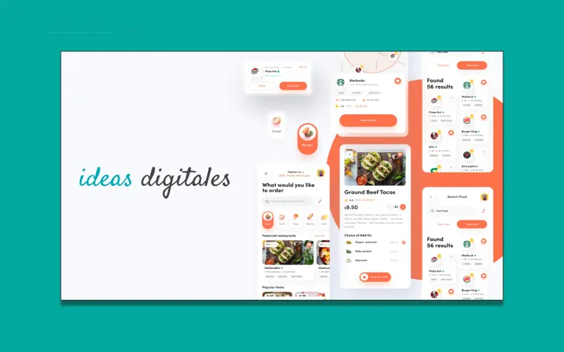 Écrans d’une application de commande de repas en blanc et corail