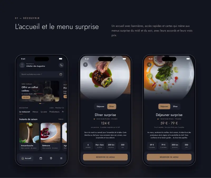 Écran d’accueil de l’application et fiches des menus surprise du déjeuner et du dîner, avec prix et nombre d’assiettes
