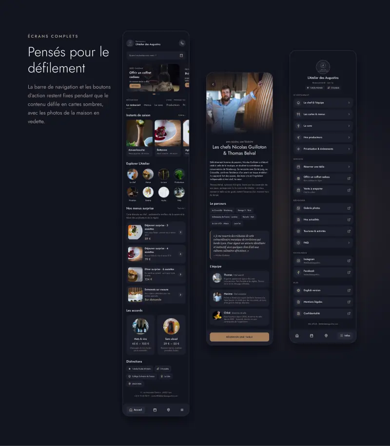 Trois écrans complets de l’application, de haut en bas, avec la barre de navigation