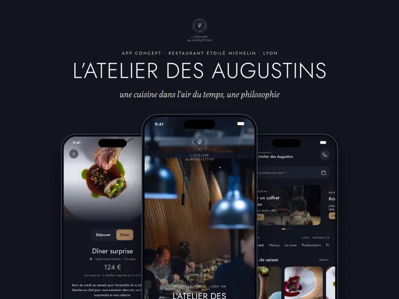 Trois écrans de l’application de L’Atelier des Augustins sur fond bleu nuit, avec le titre du projet