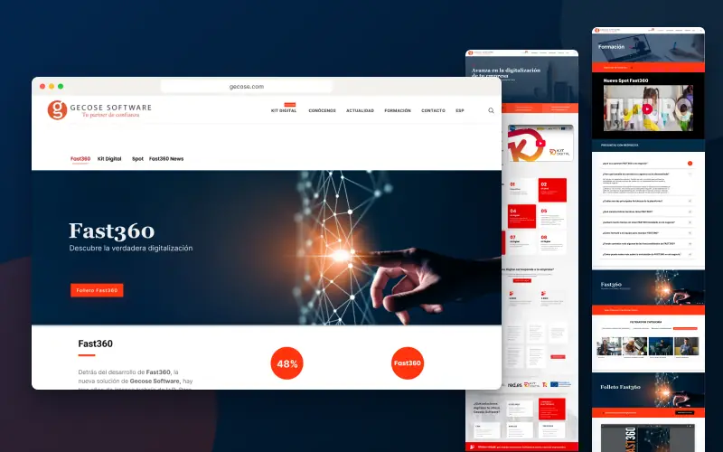 Design de la page d’accueil de Gecose Software dans un navigateur, à côté des pages Kit Digital et Formation