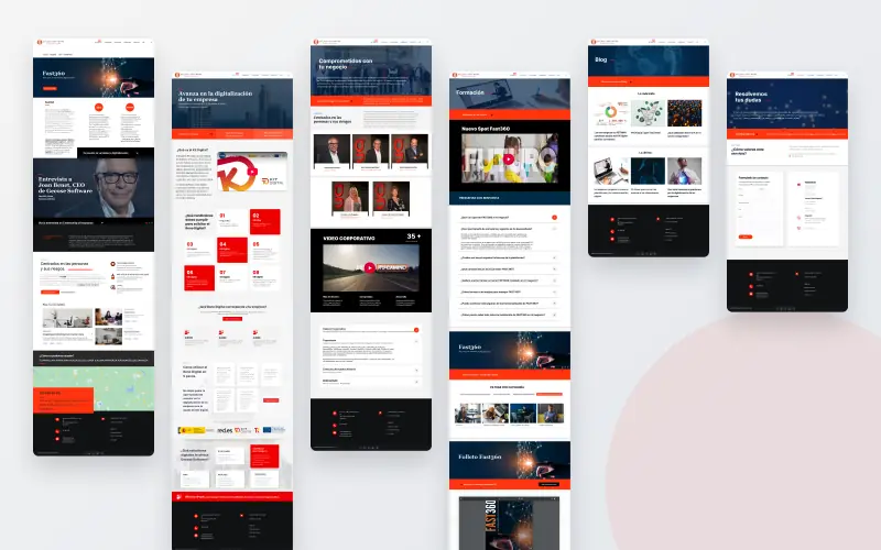 Les pages du design de Gecose Software côte à côte : accueil, Kit Digital, À propos, Formation, Blog et Contact