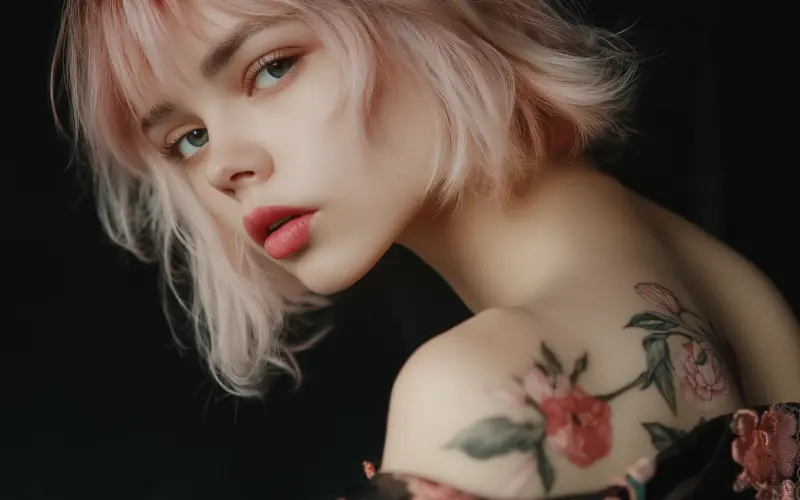 Personnage créé avec l’IA : jeune femme aux cheveux roses avec un tatouage floral sur l’épaule