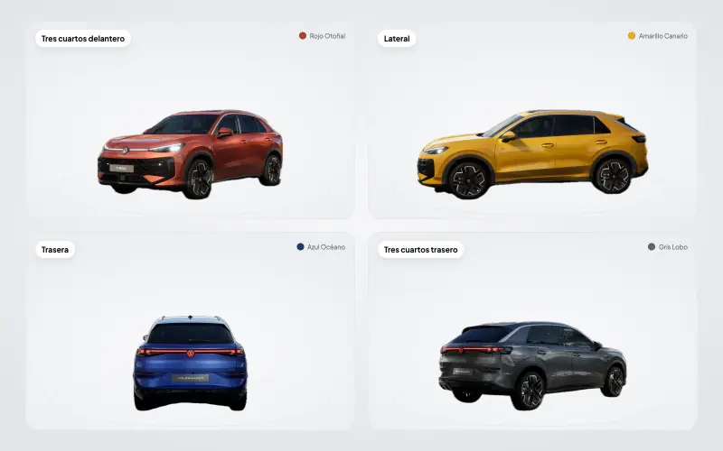 Le nouveau T‑Roc vu de trois quarts avant, de profil, de l’arrière et de trois quarts arrière, en quatre couleurs