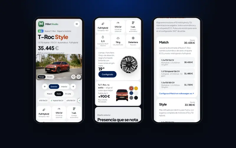 Trois écrans du site du nouveau T‑Roc sur mobile : accueil avec la rotation, données de la version et liste des versions avec les prix