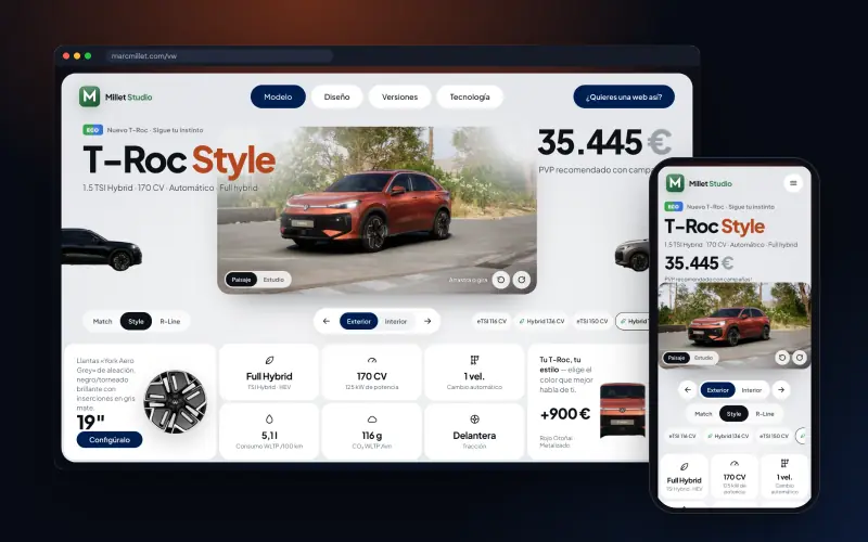 Concept web du nouveau T‑Roc sur un navigateur et sur un mobile, avec la voiture en Rouge Automne et la version Style